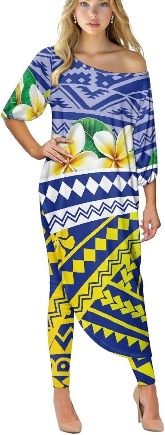 2 Pieces Polynesian Traditional Women Clothing Samoa Puletasi Dress Ladies Casual Tops and Skinny Pants Set