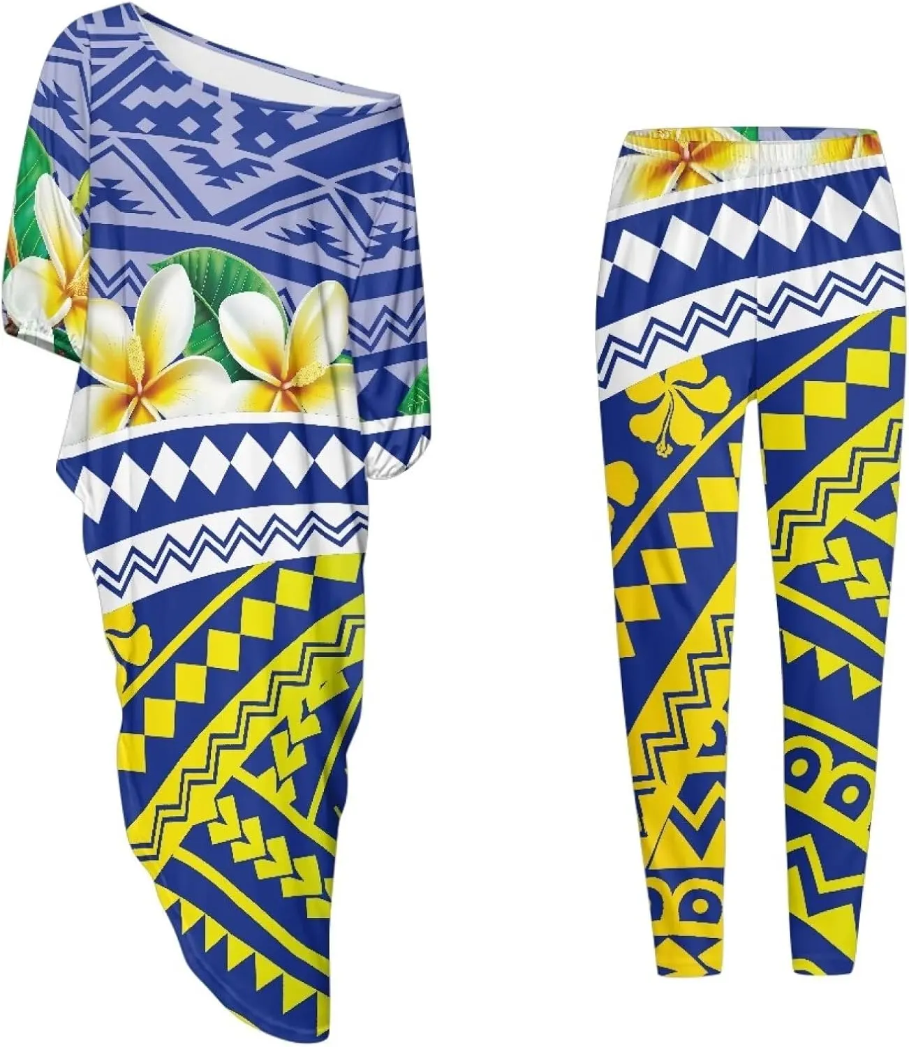 2 Pieces Polynesian Traditional Women Clothing Samoa Puletasi Dress Ladies Casual Tops and Skinny Pants Set