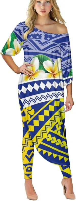 2 Pieces Polynesian Traditional Women Clothing Samoa Puletasi Dress Ladies Casual Tops and Skinny Pants Set