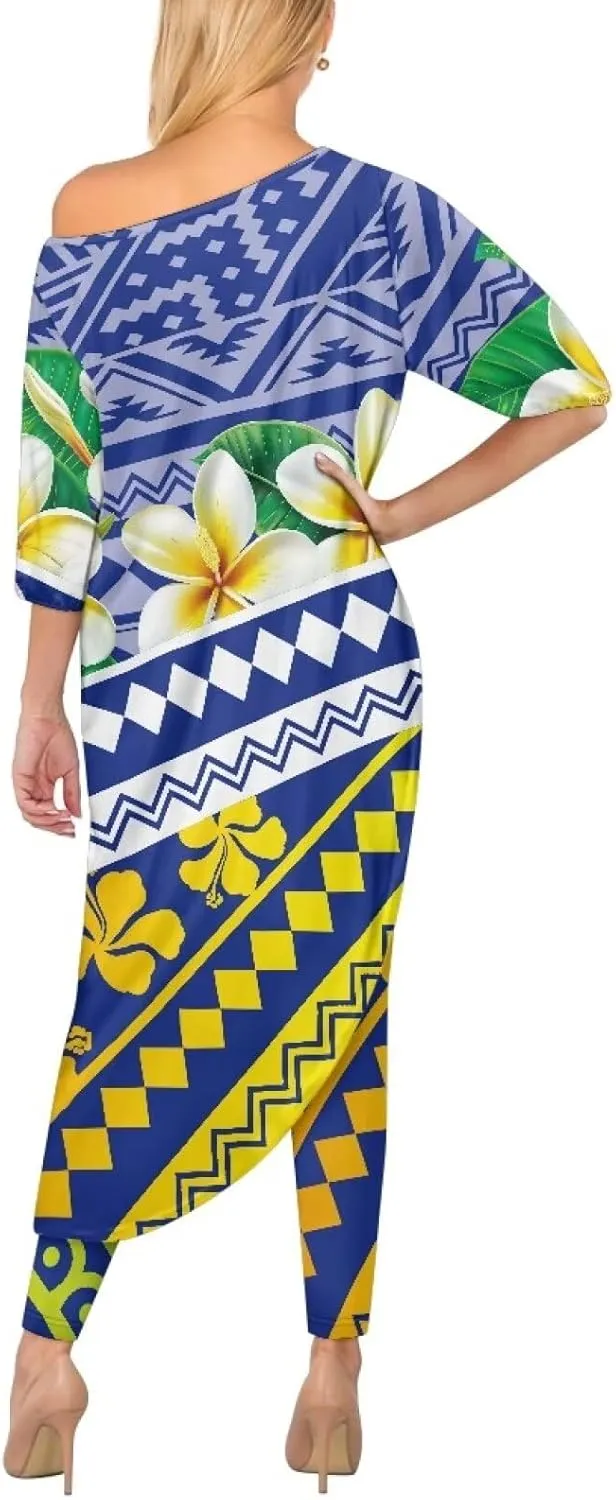 2 Pieces Polynesian Traditional Women Clothing Samoa Puletasi Dress Ladies Casual Tops and Skinny Pants Set