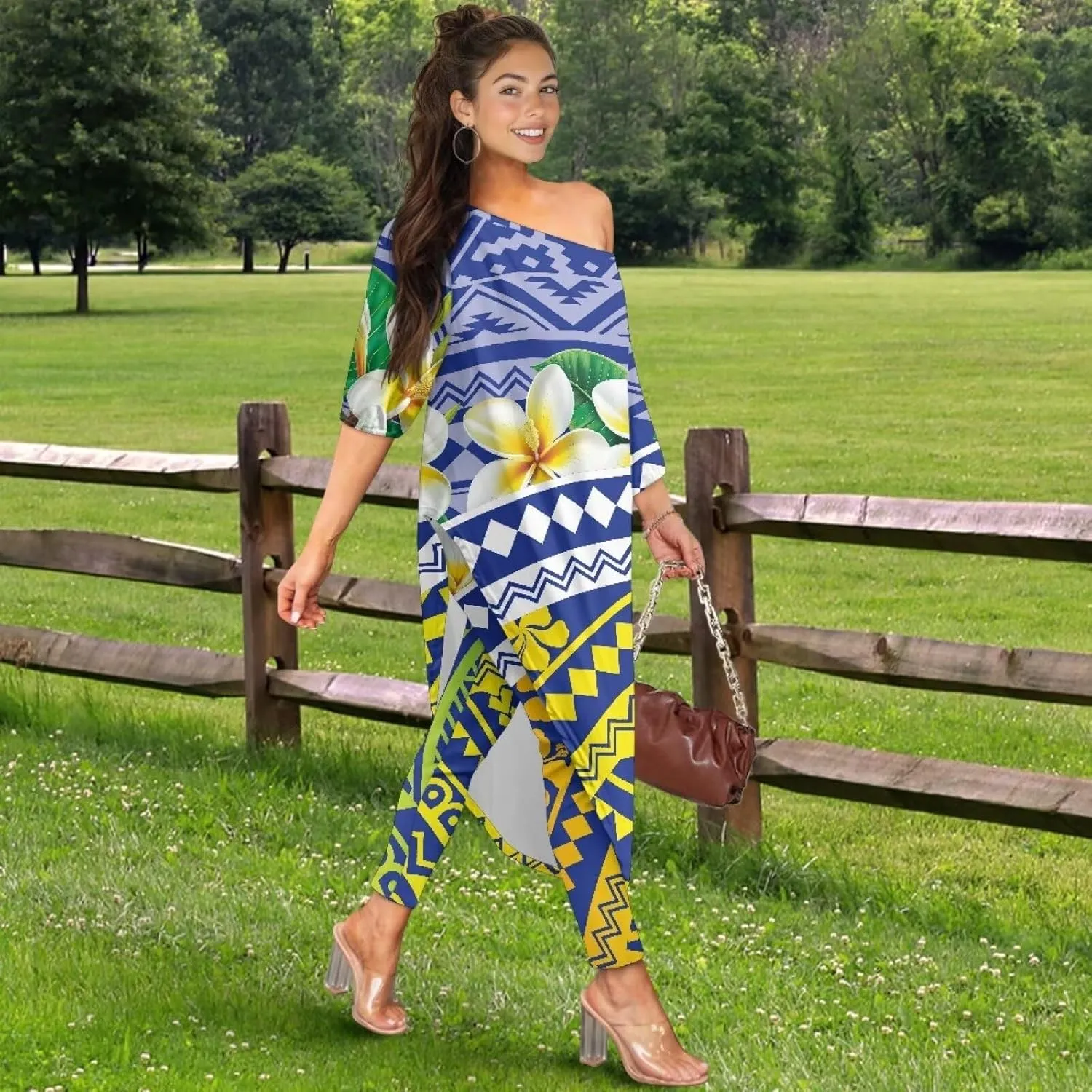 2 Pieces Polynesian Traditional Women Clothing Samoa Puletasi Dress Ladies Casual Tops and Skinny Pants Set