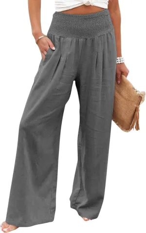 2024 Women Linen Palazzo Pants Wide Leg High Waist Lounge Summer Casual Boho Trousers Travel Vacation Outfits