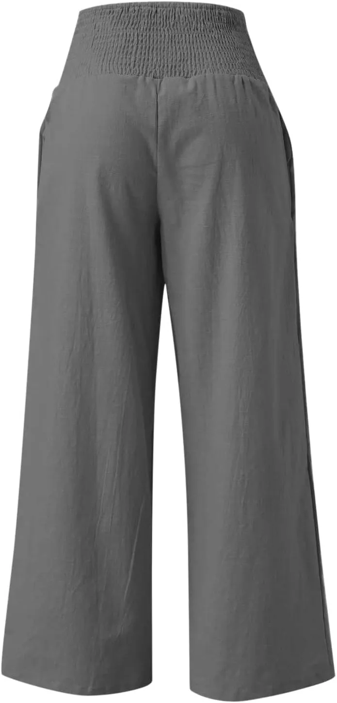 2024 Women Linen Palazzo Pants Wide Leg High Waist Lounge Summer Casual Boho Trousers Travel Vacation Outfits