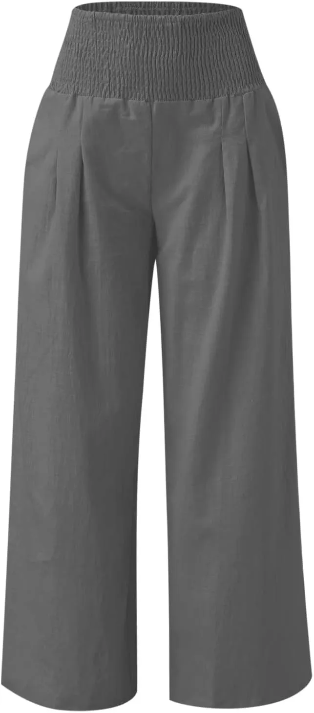 2024 Women Linen Palazzo Pants Wide Leg High Waist Lounge Summer Casual Boho Trousers Travel Vacation Outfits