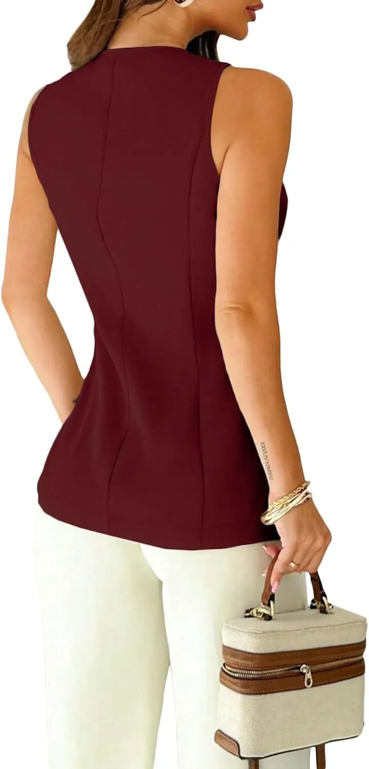 2025 Womens Summer Sleeveless Vest Tops Breasted V Neck Casual Work Slim Outwear Suit Jacket.