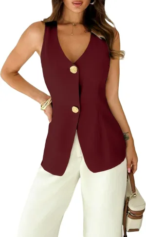 2025 Womens Summer Sleeveless Vest Tops Breasted V Neck Casual Work Slim Outwear Suit Jacket.