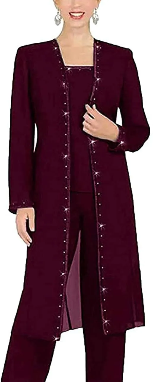 3 PC Chiffon Beaded Pant Suits Plus Size Mother of The Bride Wedding Formal Evening Groom Gowns