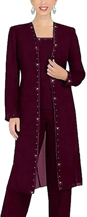 3 PC Chiffon Beaded Pant Suits Plus Size Mother of The Bride Wedding Formal Evening Groom Gowns