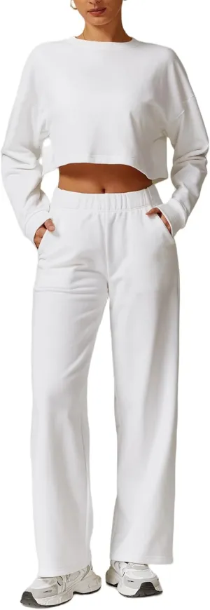 ABOCIW Womens 2 Piece Sweatsuits Set Long Sleeve Open Back Cropped Sweatshirt Wide Leg Sweatpants Fall Outfits Tracksuit