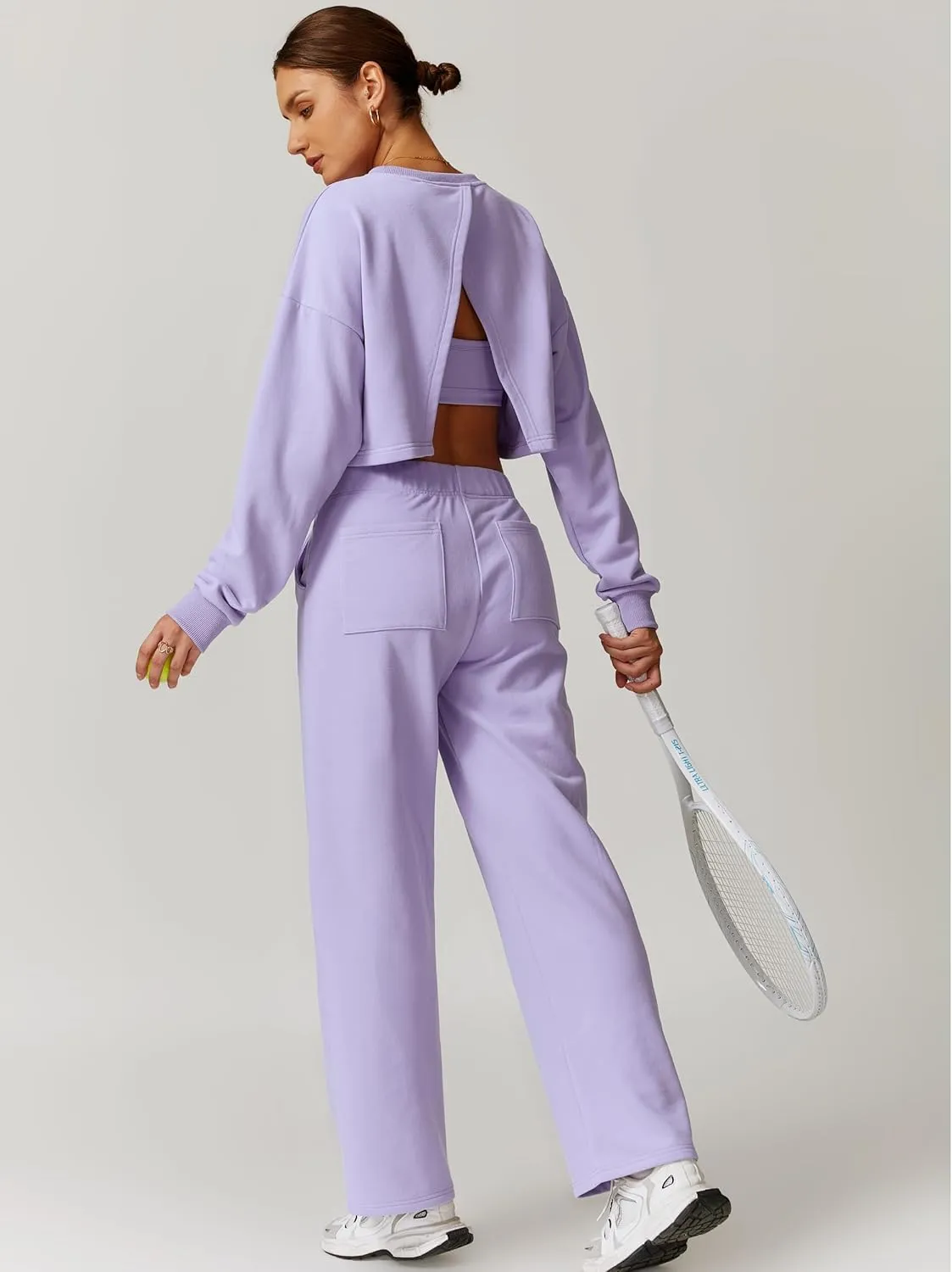 ABOCIW Womens 2 Piece Sweatsuits Set Long Sleeve Open Back Cropped Sweatshirt Wide Leg Sweatpants Fall Outfits Tracksuit