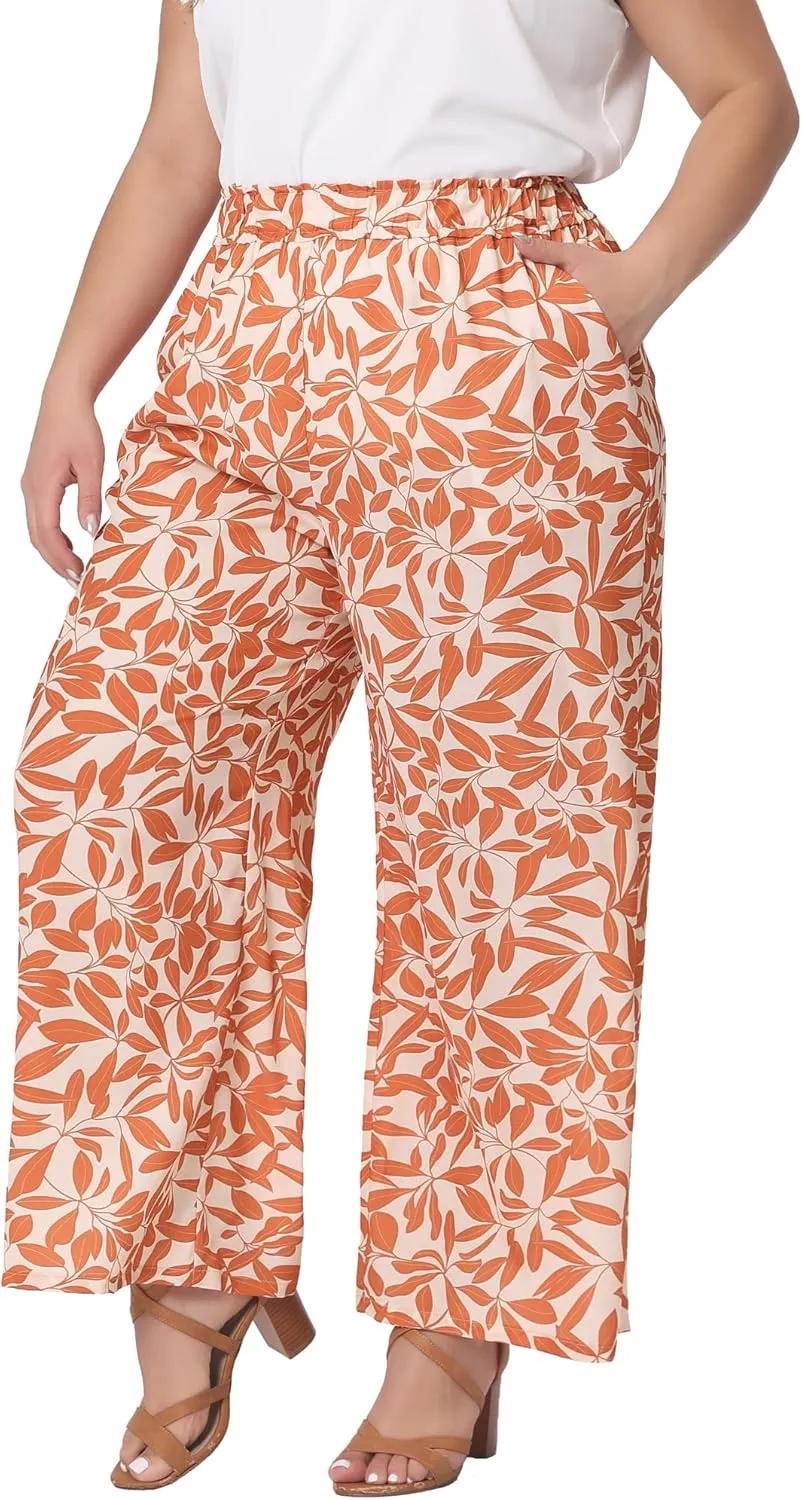 Agnes Orinda Plus Size Palazzo Pants for Women Floral Print High Waist Trousers Wide Leg Pants with Pocket