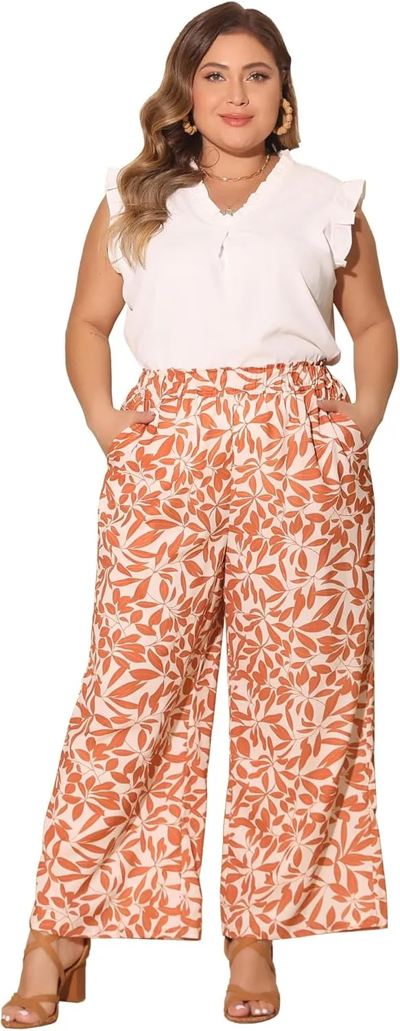 Agnes Orinda Plus Size Palazzo Pants for Women Floral Print High Waist Trousers Wide Leg Pants with Pocket