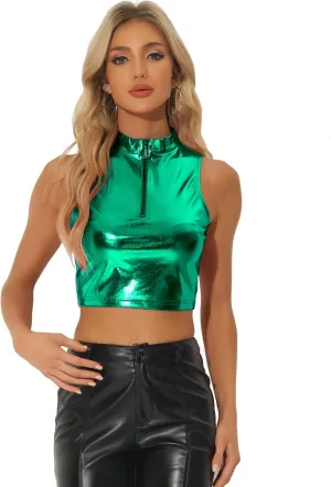 Allegra K Metallic Crop Tops for Women's Mock Neck Zip Up Sleeveless Shiny Holographic Tank Top