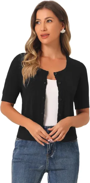 Allegra K Short Sleeve Cardigan for Women's Casual Crochet Knit Button Up Bolero Sweater Tops