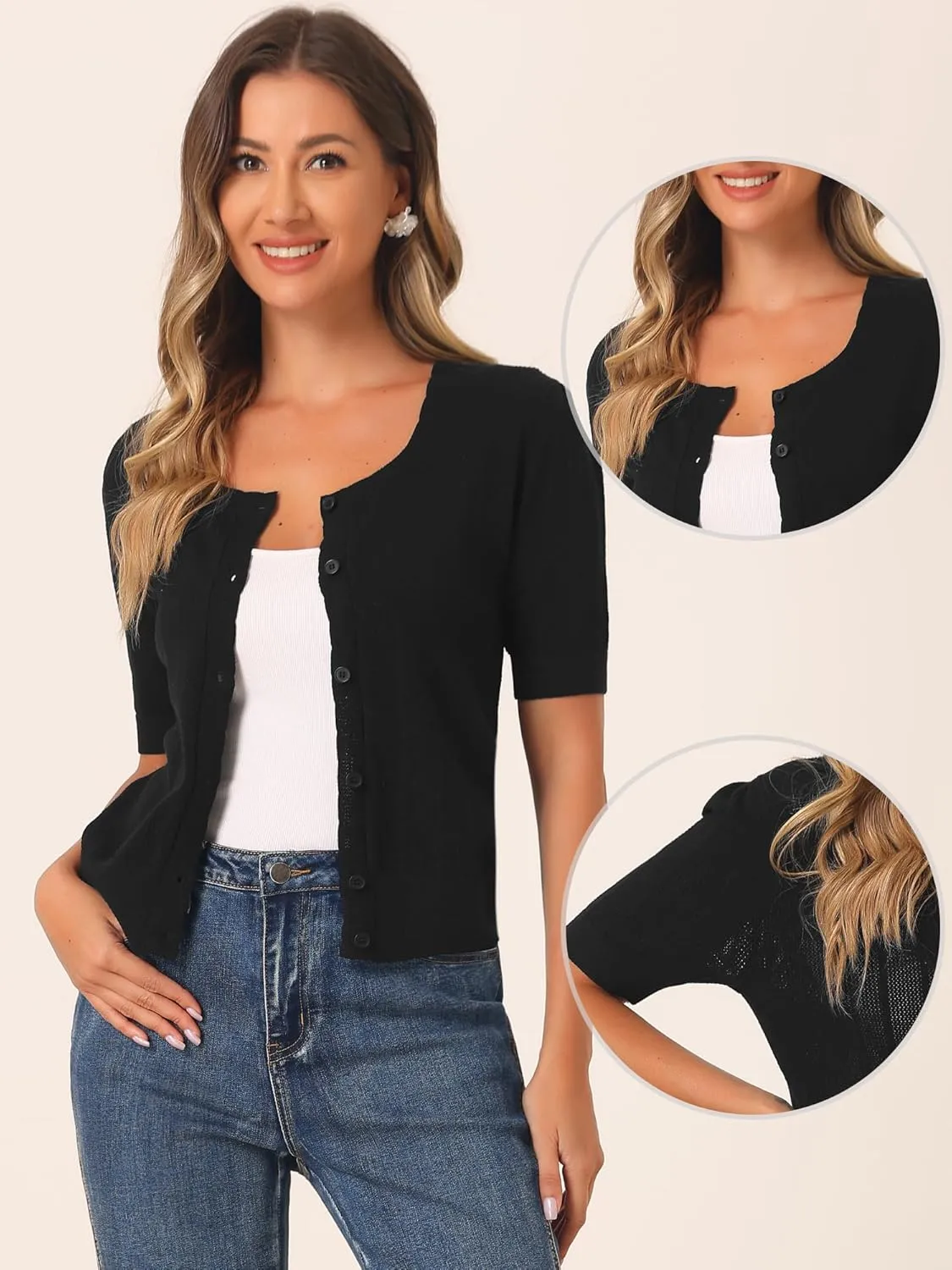 Allegra K Short Sleeve Cardigan for Women's Casual Crochet Knit Button Up Bolero Sweater Tops