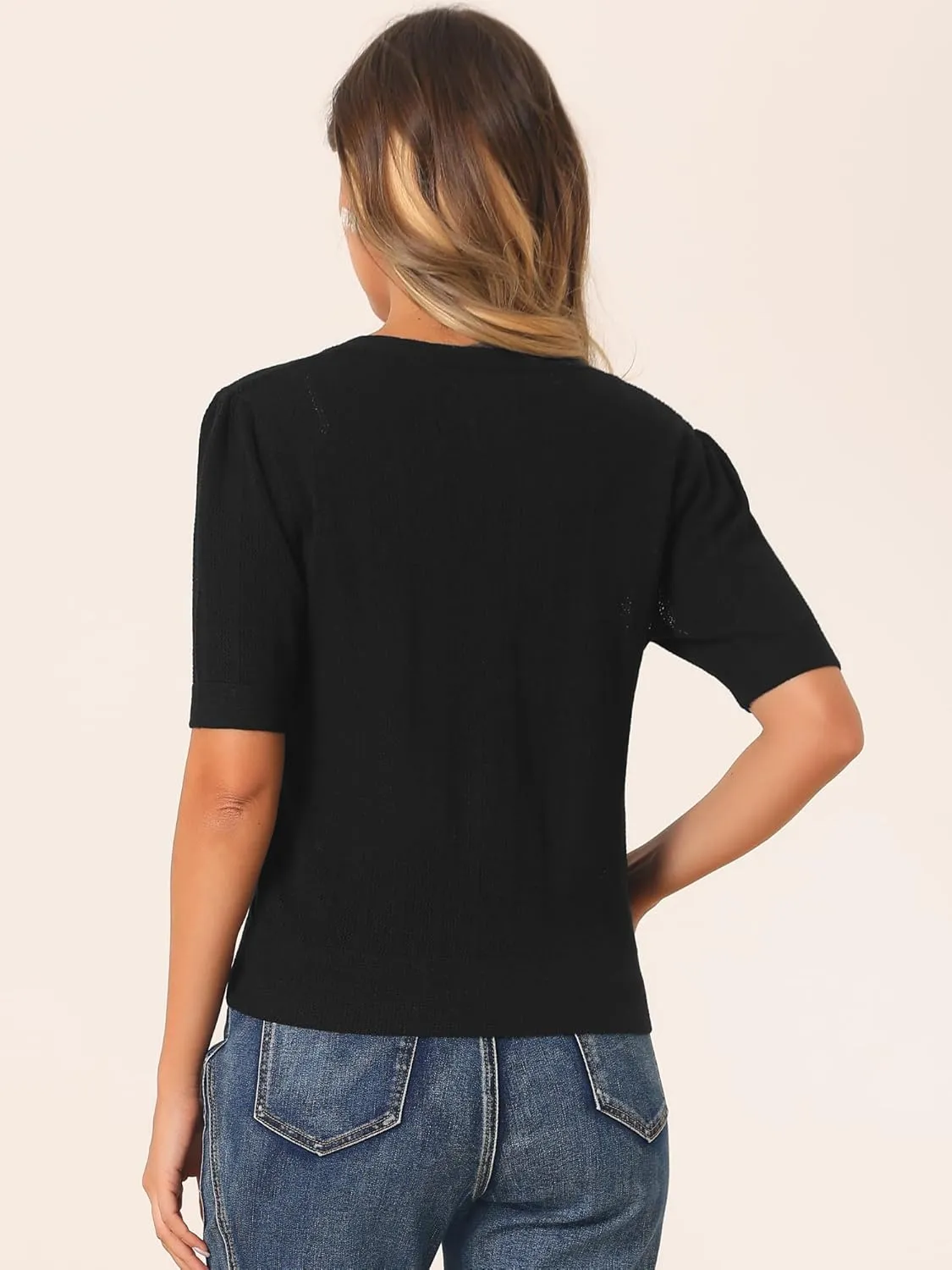 Allegra K Short Sleeve Cardigan for Women's Casual Crochet Knit Button Up Bolero Sweater Tops