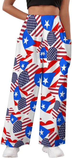 American Puerto Rico Heart Women's Casual Pants Yoga Loose Wide Legs Trousers with Pockets High Waist