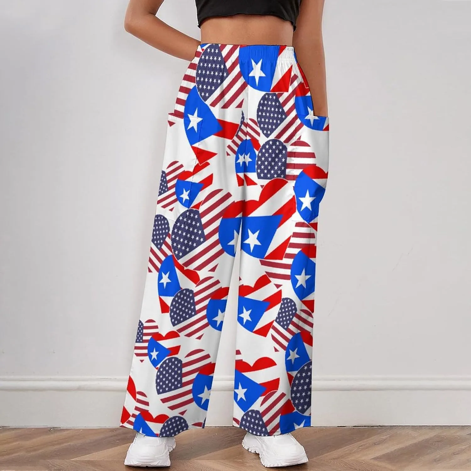 American Puerto Rico Heart Women's Casual Pants Yoga Loose Wide Legs Trousers with Pockets High Waist