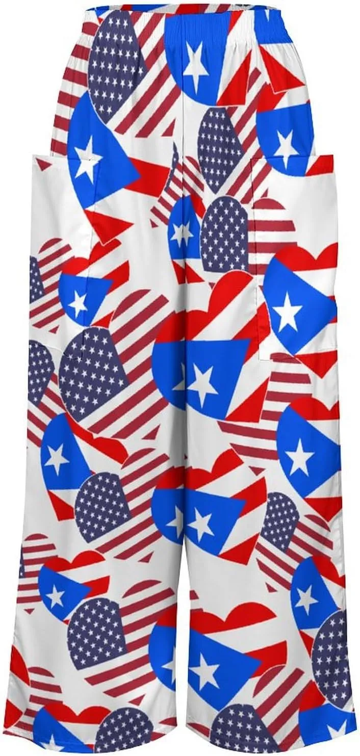 American Puerto Rico Heart Women's Casual Pants Yoga Loose Wide Legs Trousers with Pockets High Waist