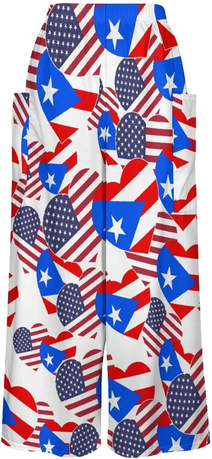 American Puerto Rico Heart Women's Casual Pants Yoga Loose Wide Legs Trousers with Pockets High Waist