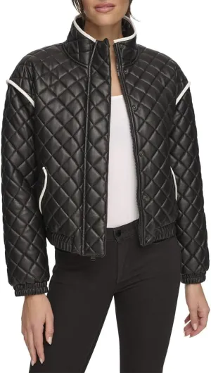 Andrew Marc Women's Faux Leather Quilted Bomber Jacket with Contrast Trim