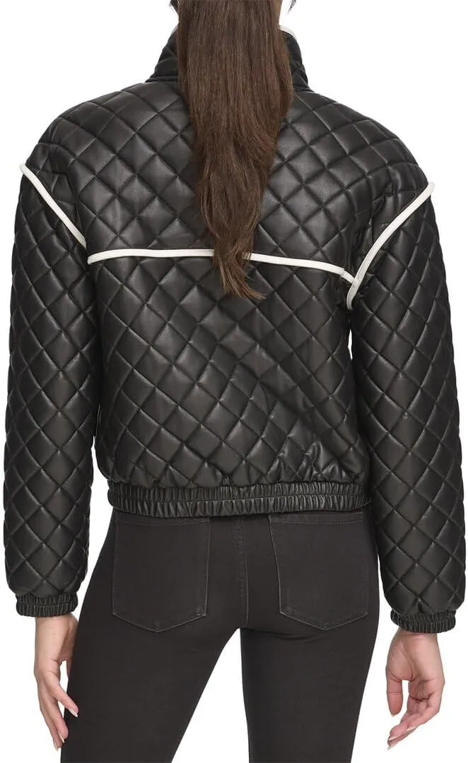 Andrew Marc Women's Faux Leather Quilted Bomber Jacket with Contrast Trim