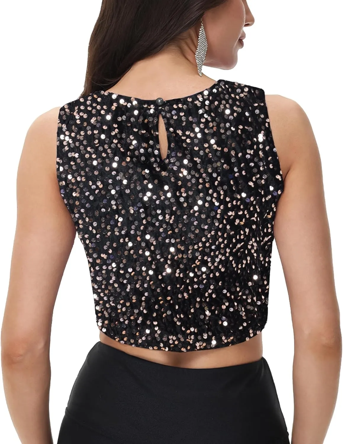 Anna-Kaci Women's Sequin Sleeveless Tops Sparkle Glitter Crew Neck Club Party Nightout Crop Tank Top