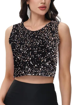 Anna-Kaci Women's Sequin Sleeveless Tops Sparkle Glitter Crew Neck Club Party Nightout Crop Tank Top