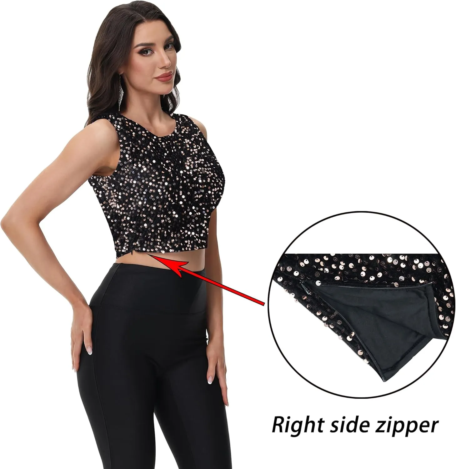 Anna-Kaci Women's Sequin Sleeveless Tops Sparkle Glitter Crew Neck Club Party Nightout Crop Tank Top