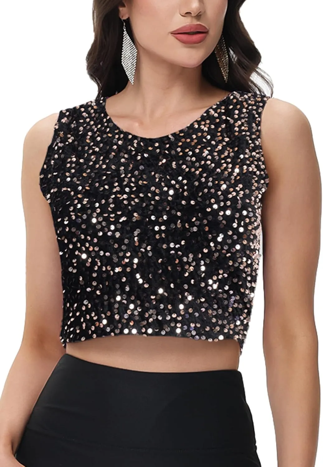 Anna-Kaci Women's Sequin Sleeveless Tops Sparkle Glitter Crew Neck Club Party Nightout Crop Tank Top