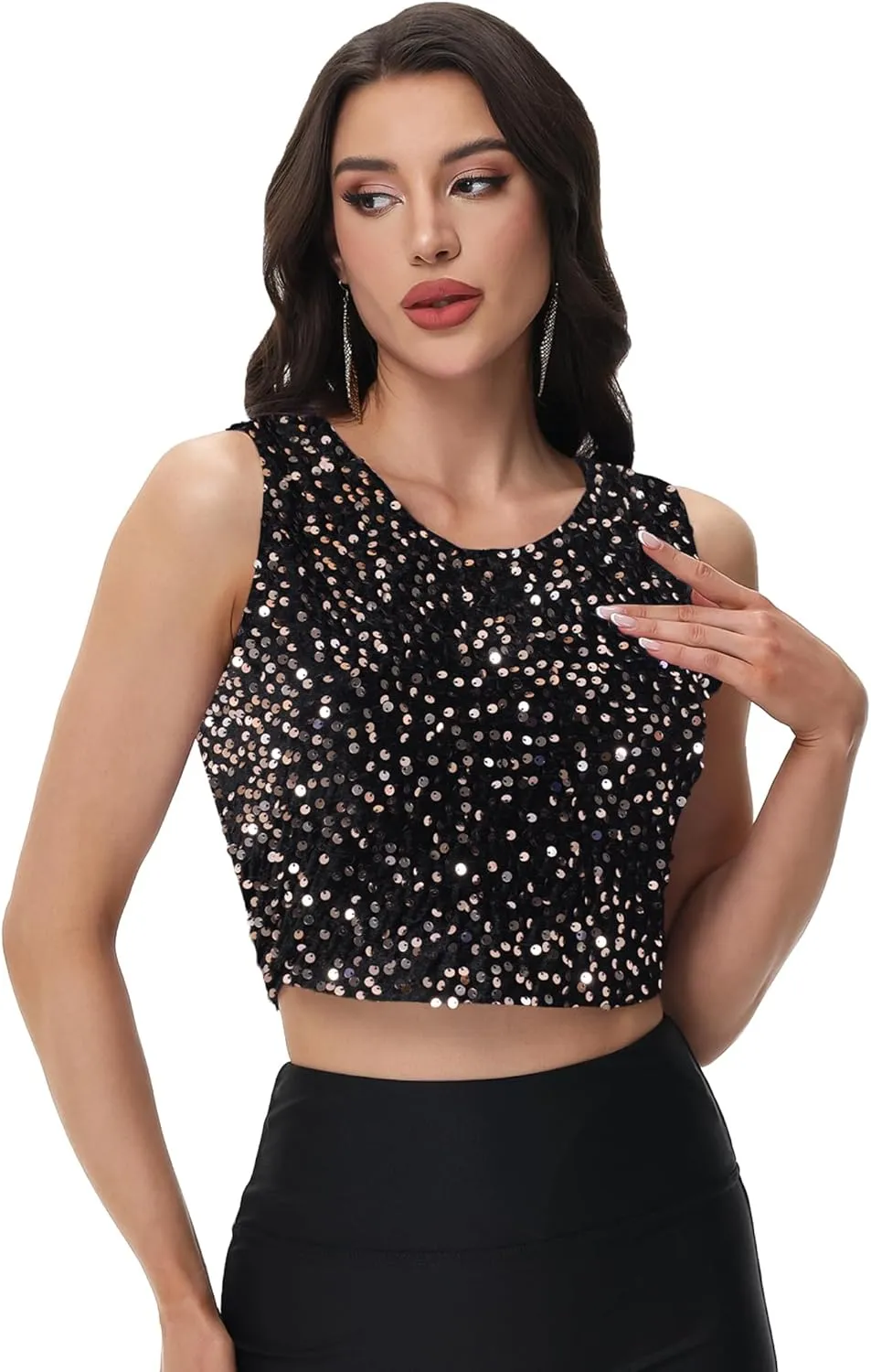 Anna-Kaci Women's Sequin Sleeveless Tops Sparkle Glitter Crew Neck Club Party Nightout Crop Tank Top
