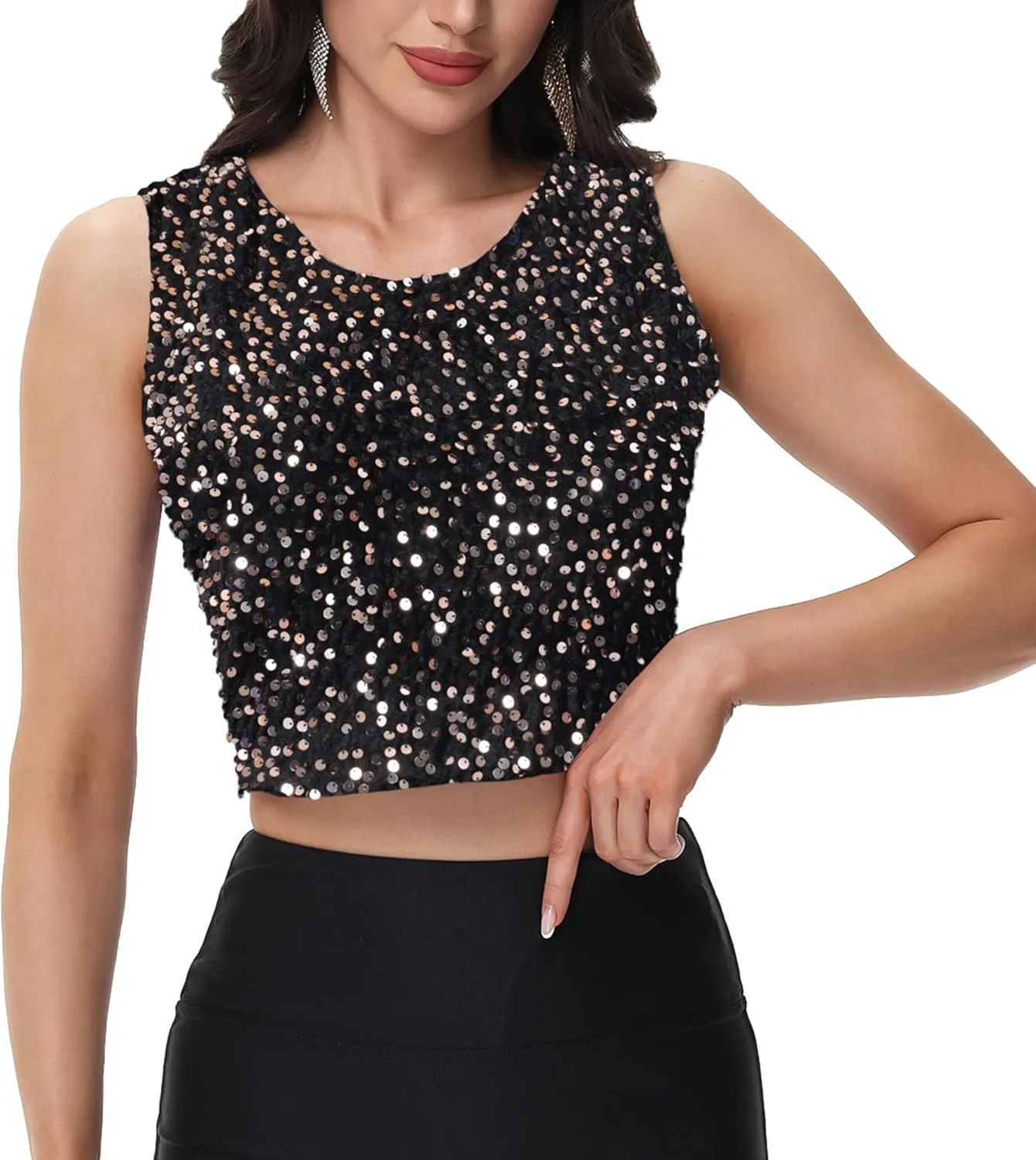 Anna-Kaci Women's Sequin Sleeveless Tops Sparkle Glitter Crew Neck Club Party Nightout Crop Tank Top