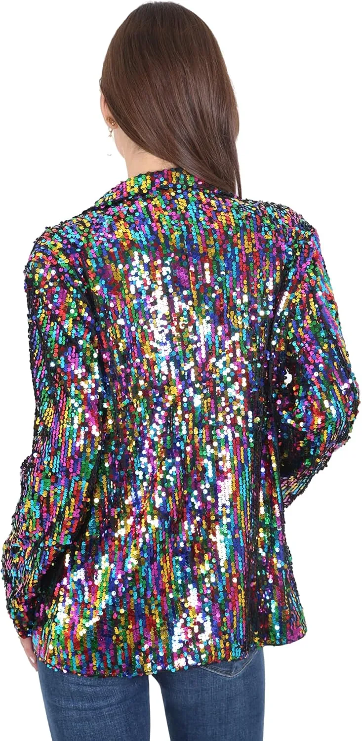 Anna-Kaci Women's Sparkle Sequin Jacket Long Sleeve Open Front Work Blazer Cardigan with Pockets
