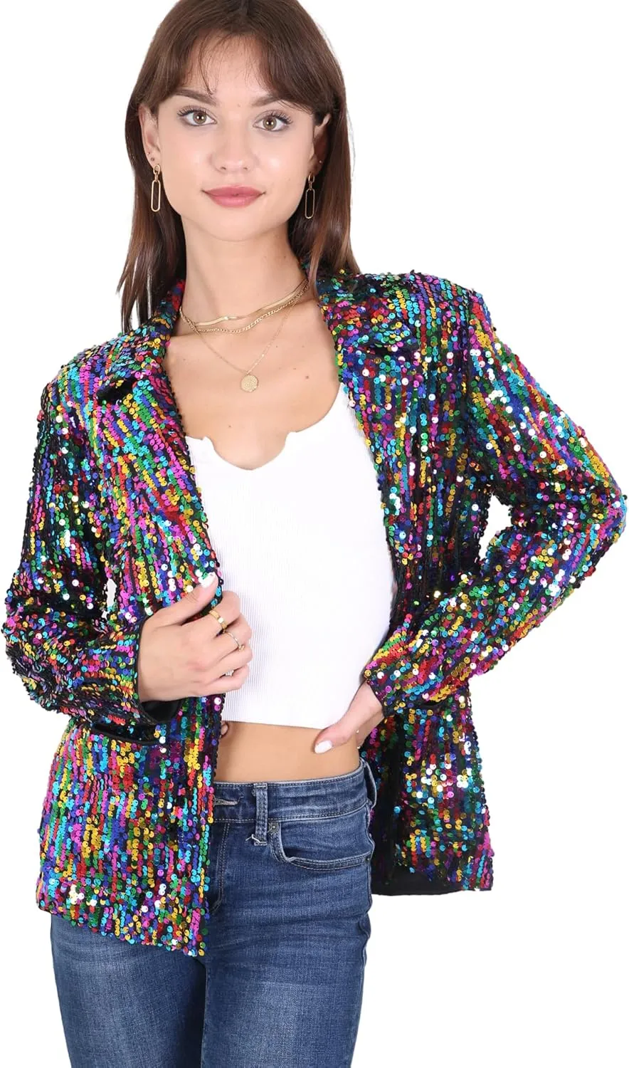 Anna-Kaci Women's Sparkle Sequin Jacket Long Sleeve Open Front Work Blazer Cardigan with Pockets
