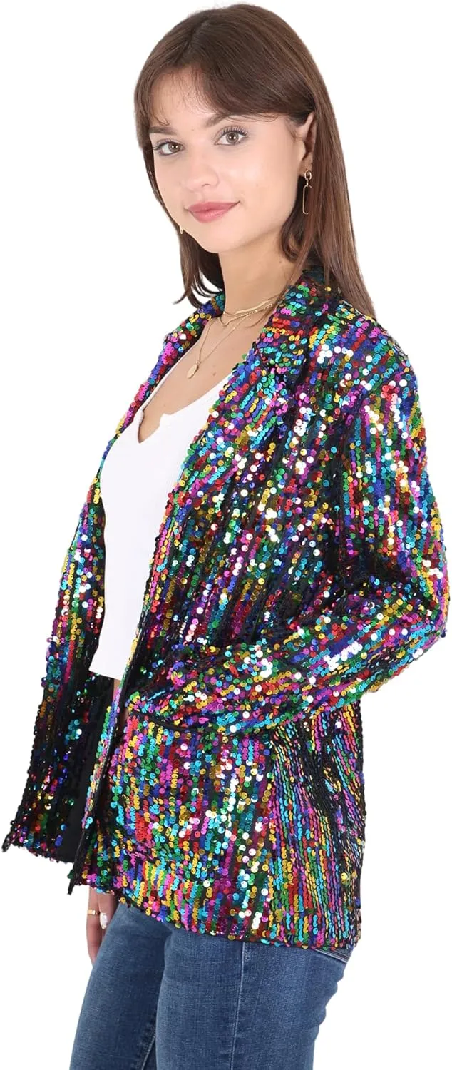 Anna-Kaci Women's Sparkle Sequin Jacket Long Sleeve Open Front Work Blazer Cardigan with Pockets