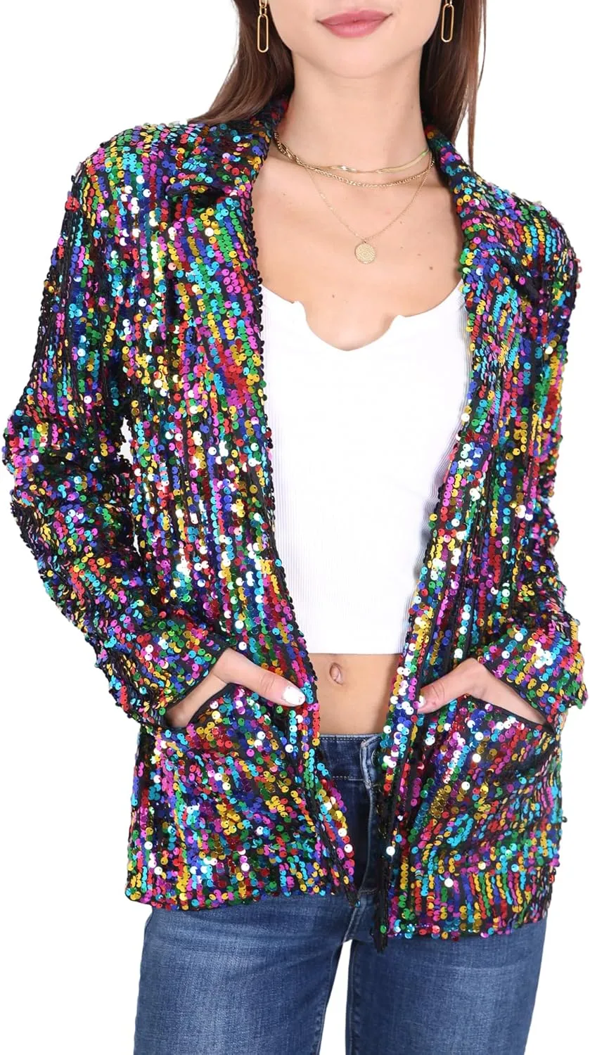 Anna-Kaci Women's Sparkle Sequin Jacket Long Sleeve Open Front Work Blazer Cardigan with Pockets