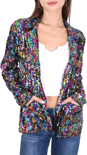 Anna-Kaci Women's Sparkle Sequin Jacket Long Sleeve Open Front Work Blazer Cardigan with Pockets