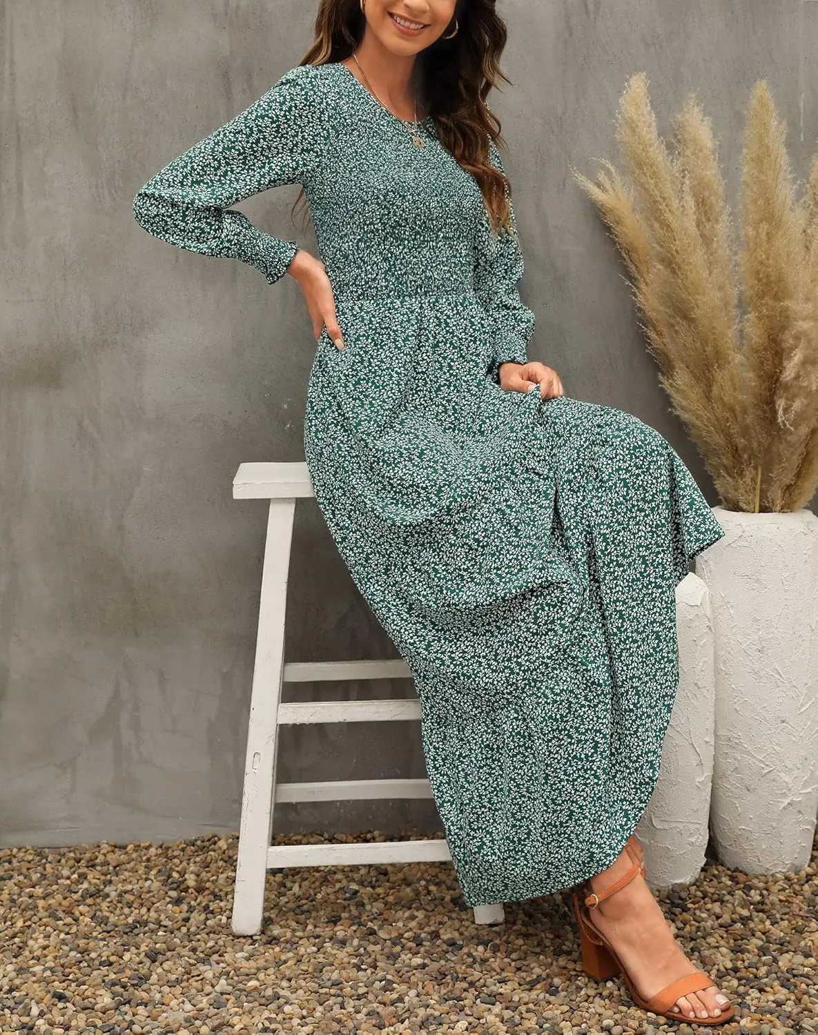 Annebouti Women's Spring Casual Long Sleeve Maxi Dress Boho Floral Smocked A-Line Modest Wedding Guest Long Dresses