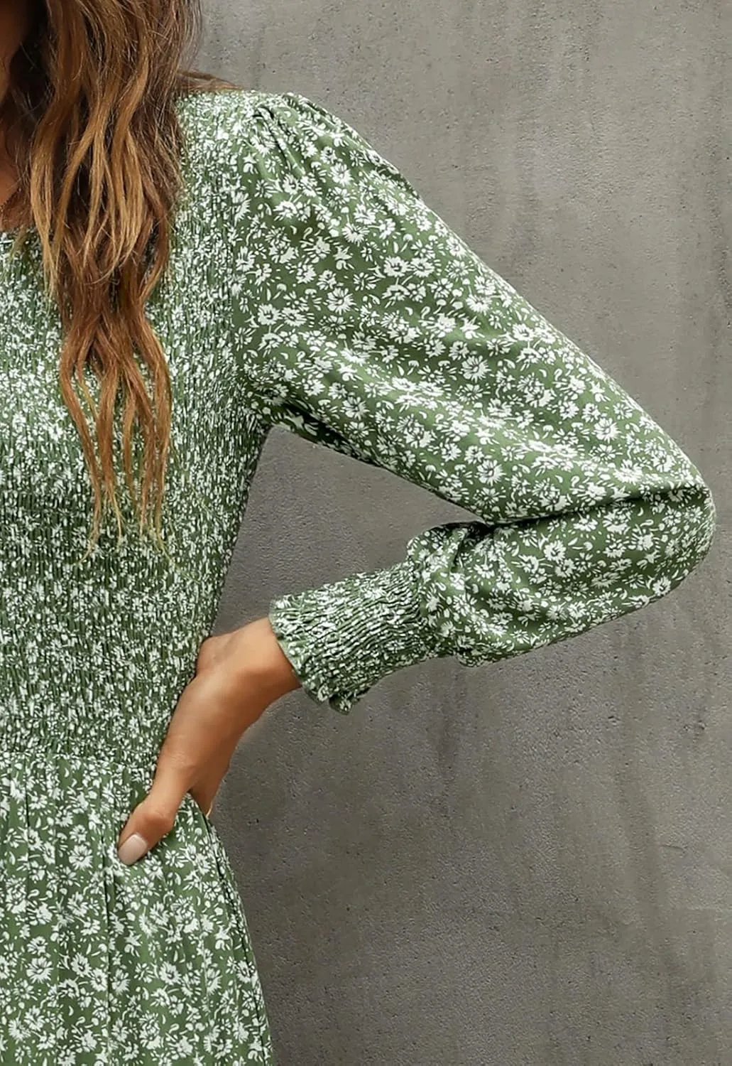 Annebouti Women's Spring Casual Long Sleeve Maxi Dress Boho Floral Smocked A-Line Modest Wedding Guest Long Dresses