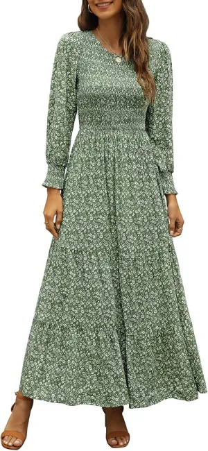 Annebouti Women's Spring Casual Long Sleeve Maxi Dress Boho Floral Smocked A-Line Modest Wedding Guest Long Dresses