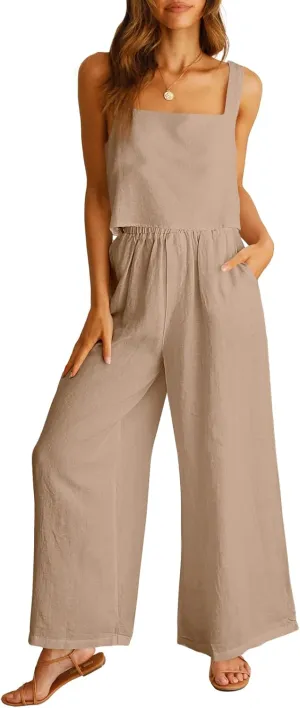 ANRABESS Women's 2 Piece Outfits Linen Pants Jumpsuit Matching Lounge Set Casual Summer Beach Vacation Trendy Clothes