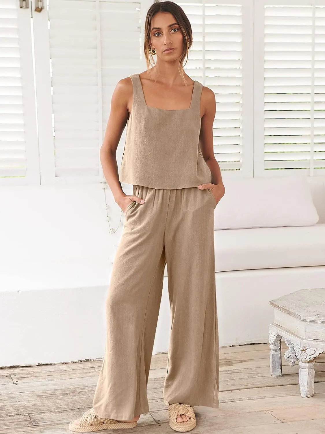 ANRABESS Women's 2 Piece Outfits Linen Pants Jumpsuit Matching Lounge Set Casual Summer Beach Vacation Trendy Clothes