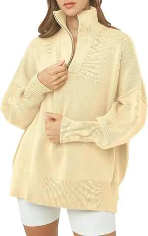 ANRABESS Women's Oversized Fashion Long Sleeve Quarter Zip Baggy Loose Slouchy Sweater Pullover Tops 2025 Fall Outfits