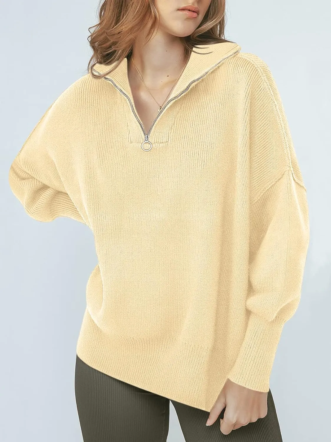 ANRABESS Women's Oversized Fashion Long Sleeve Quarter Zip Baggy Loose Slouchy Sweater Pullover Tops 2025 Fall Outfits