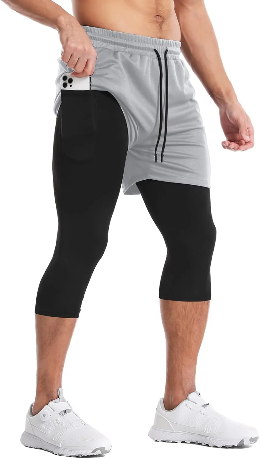 Aolesy Men's 2 in 1 Running Pants, Gym Workout Compression Pants for Men Training Athletic Pants