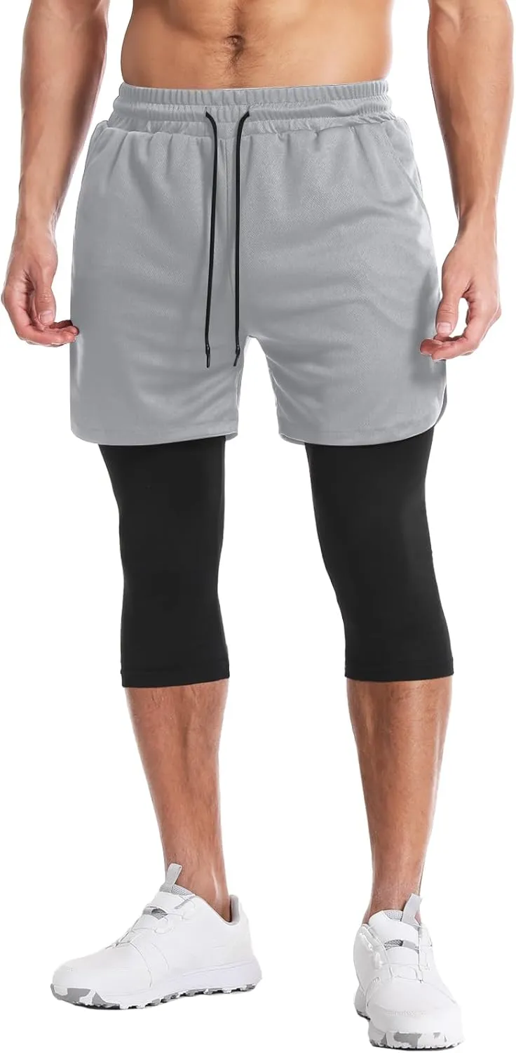 Aolesy Men's 2 in 1 Running Pants, Gym Workout Compression Pants for Men Training Athletic Pants