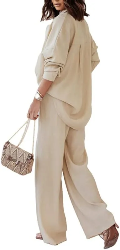 Argeousgor Women Two Pieces Floral Pants Set Long Sleeve Button Down Shirt High Waist Long Pants Loungewear Streetwear Suits