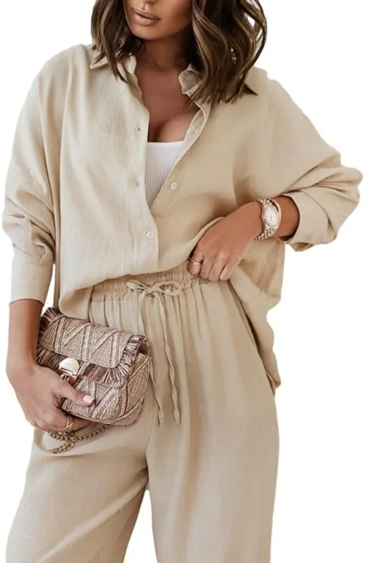Argeousgor Women Two Pieces Floral Pants Set Long Sleeve Button Down Shirt High Waist Long Pants Loungewear Streetwear Suits