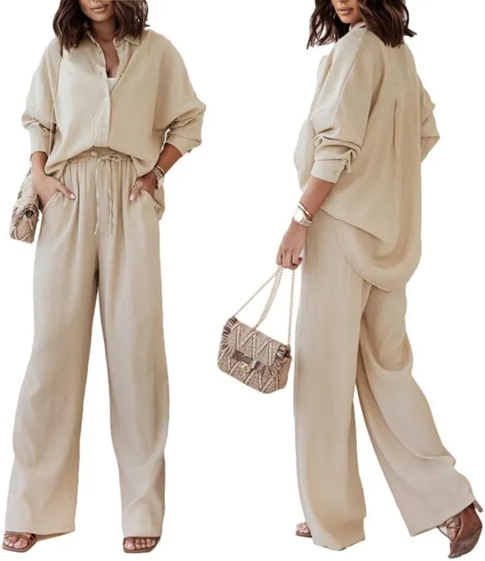 Argeousgor Women Two Pieces Floral Pants Set Long Sleeve Button Down Shirt High Waist Long Pants Loungewear Streetwear Suits