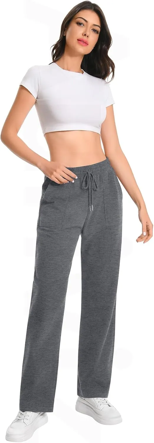 Auriviz Widen Waistband Sweat Pants for Women Exposed Pockets Lounge Sweatpants Straight Leg Pants 29 Inseam